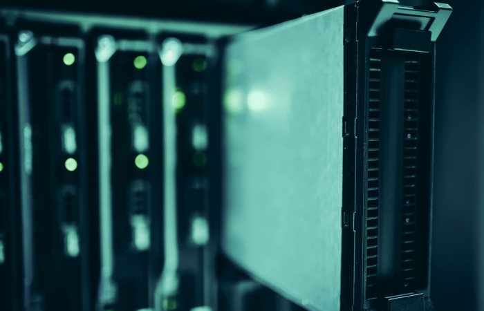 Close-up of server racks in a data center highlighting modern technology infrastructure.